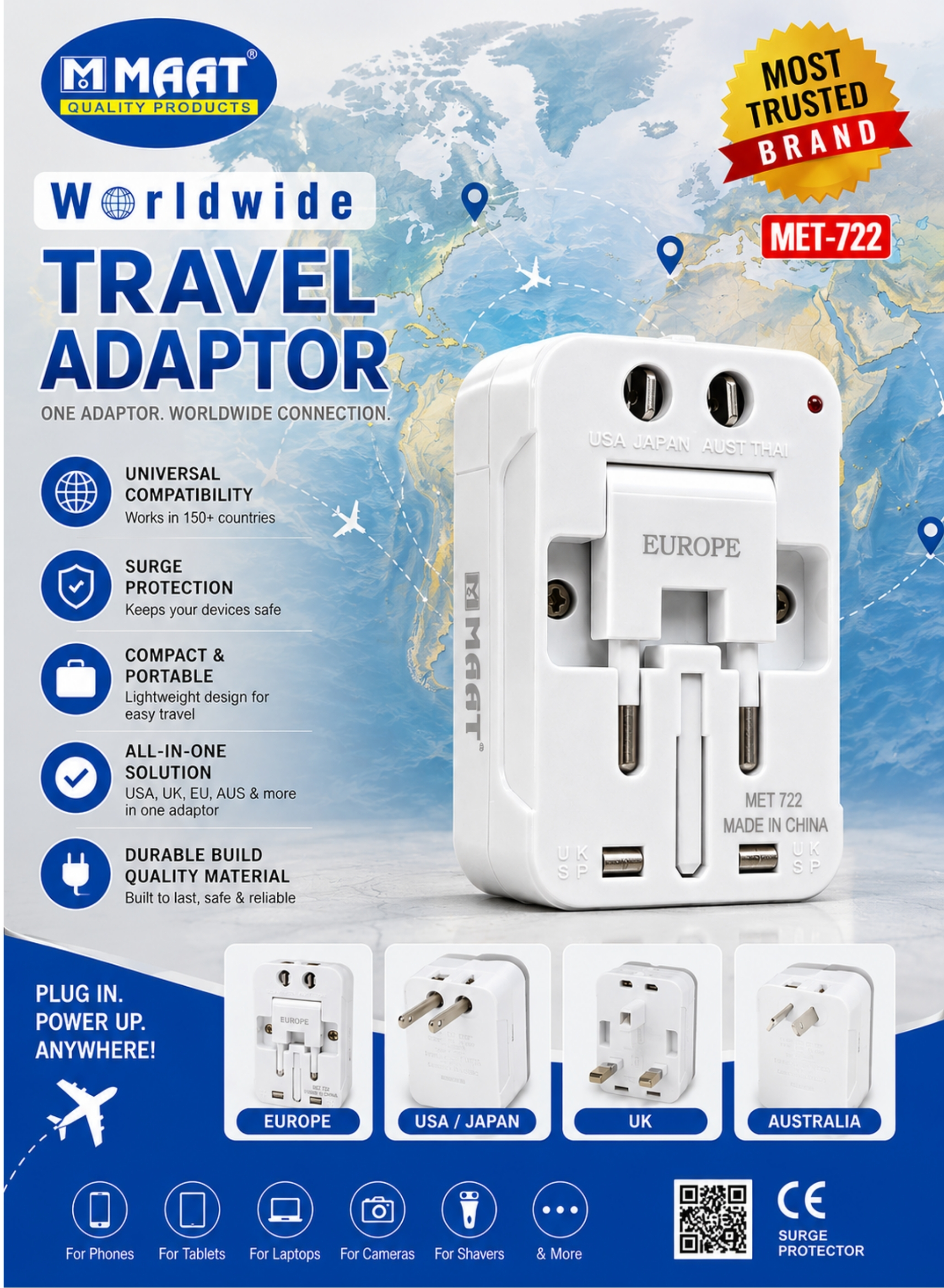 Worldwide Universal Travel Adapter with Surge Protection