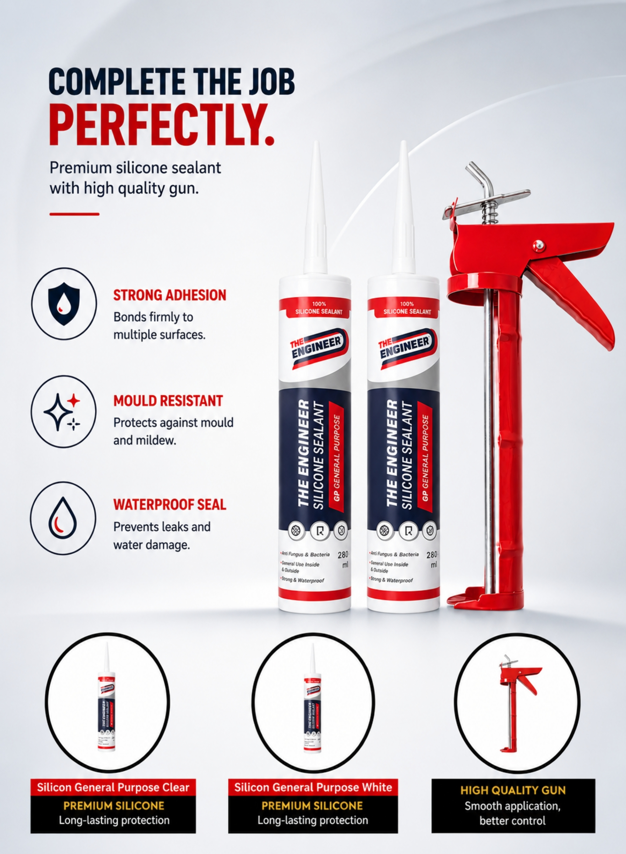 Purpose Silicone Sealant Kit with Heavy Duty Silicone Caulking Gun – 2 x 280ml
