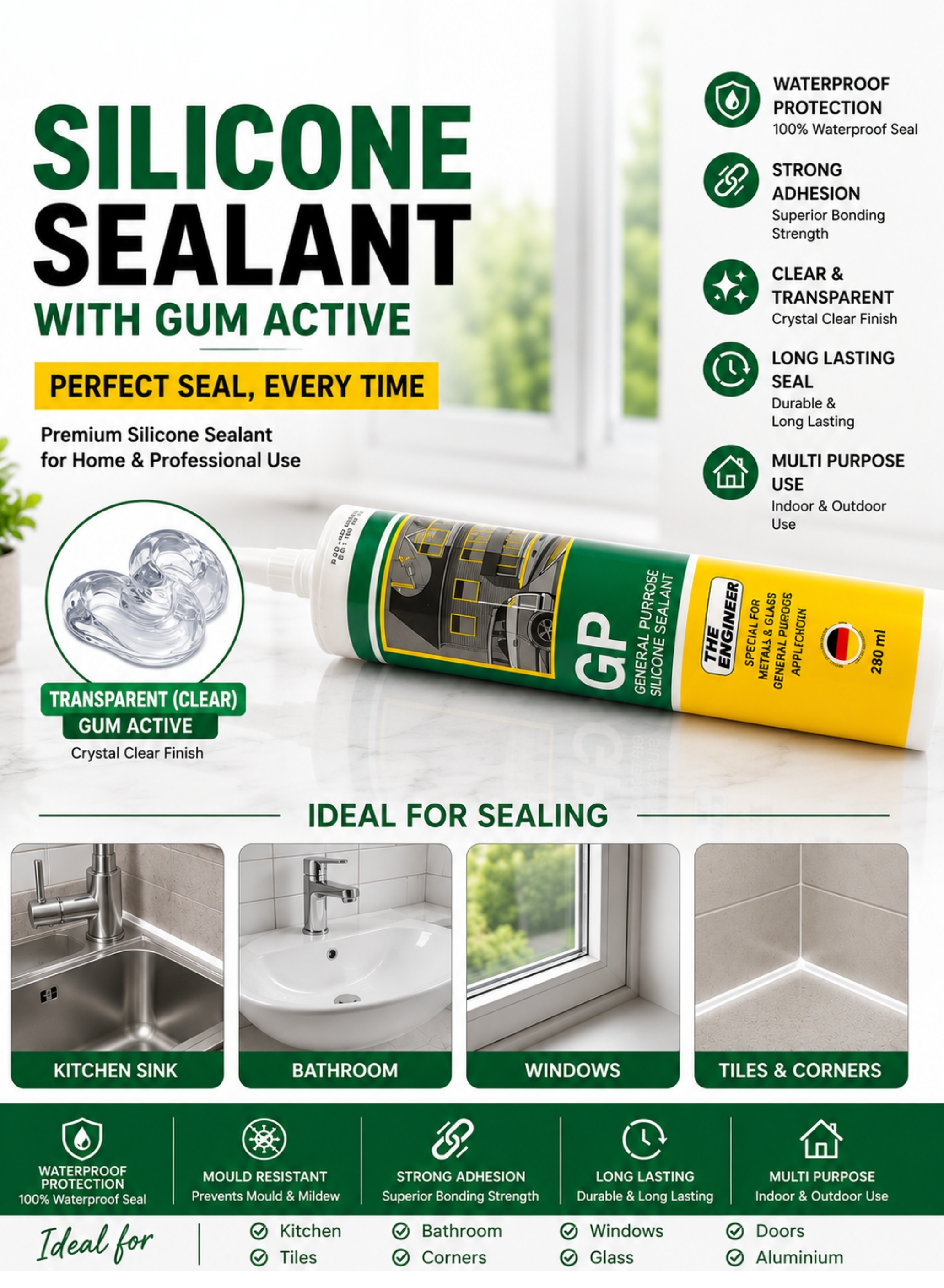 Silicone Sealant Gun Kit with 280ml GP Clear