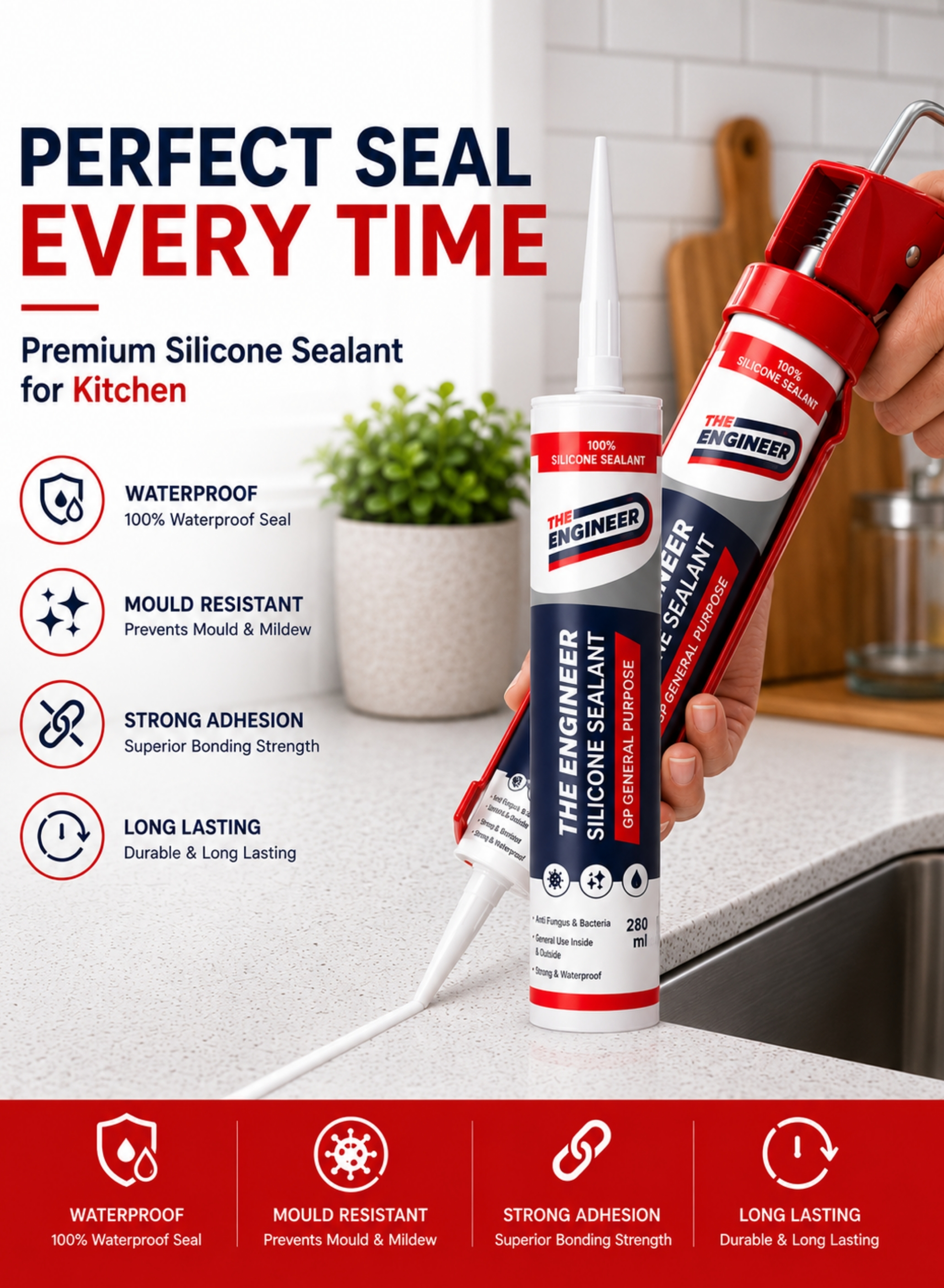 Purpose Silicone Sealant Kit with Heavy Duty Silicone Caulking Gun – 2 x 280ml