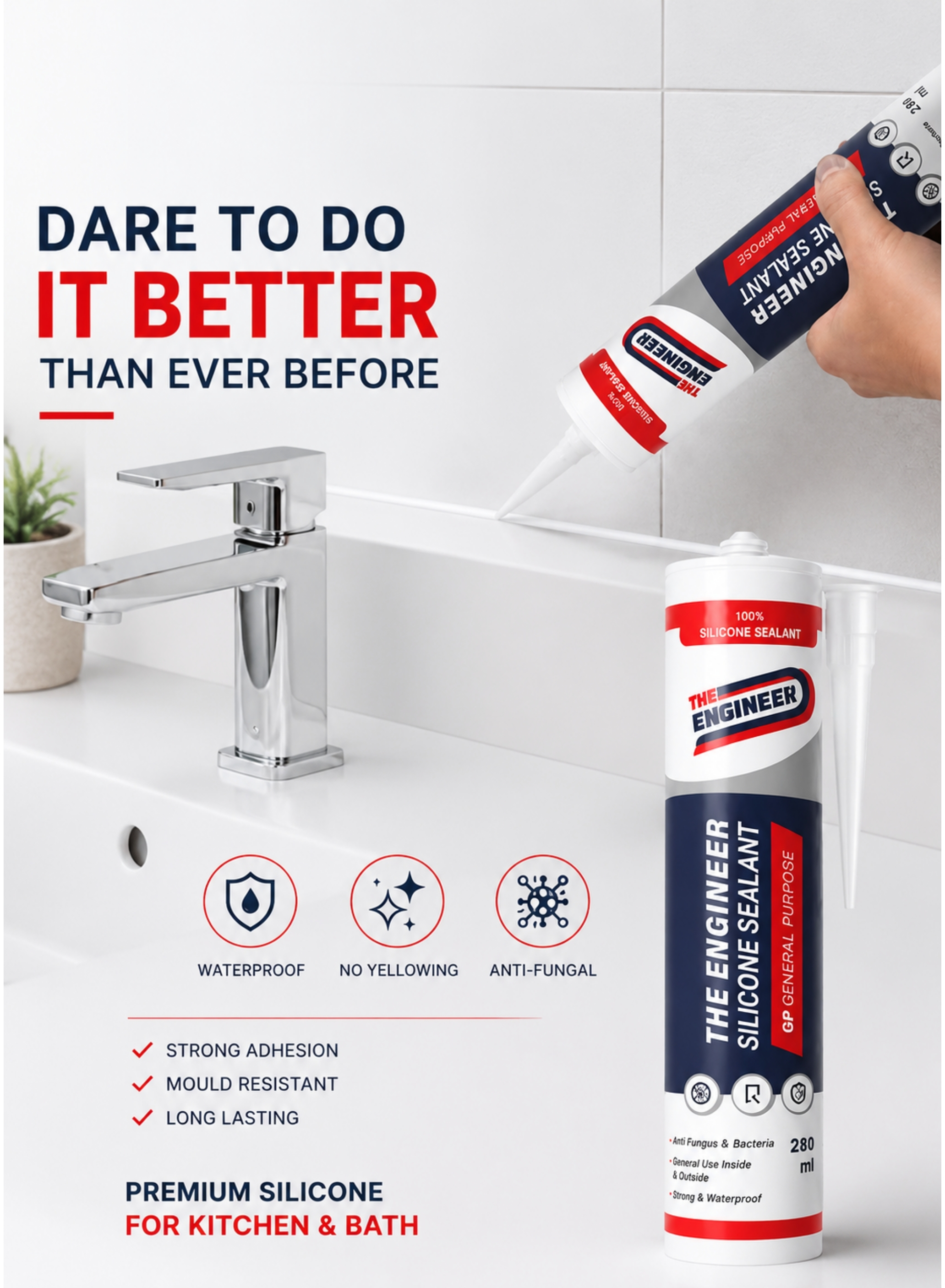 Purpose Silicone Sealant Kit with Heavy Duty Silicone Caulking Gun – 2 x 280ml
